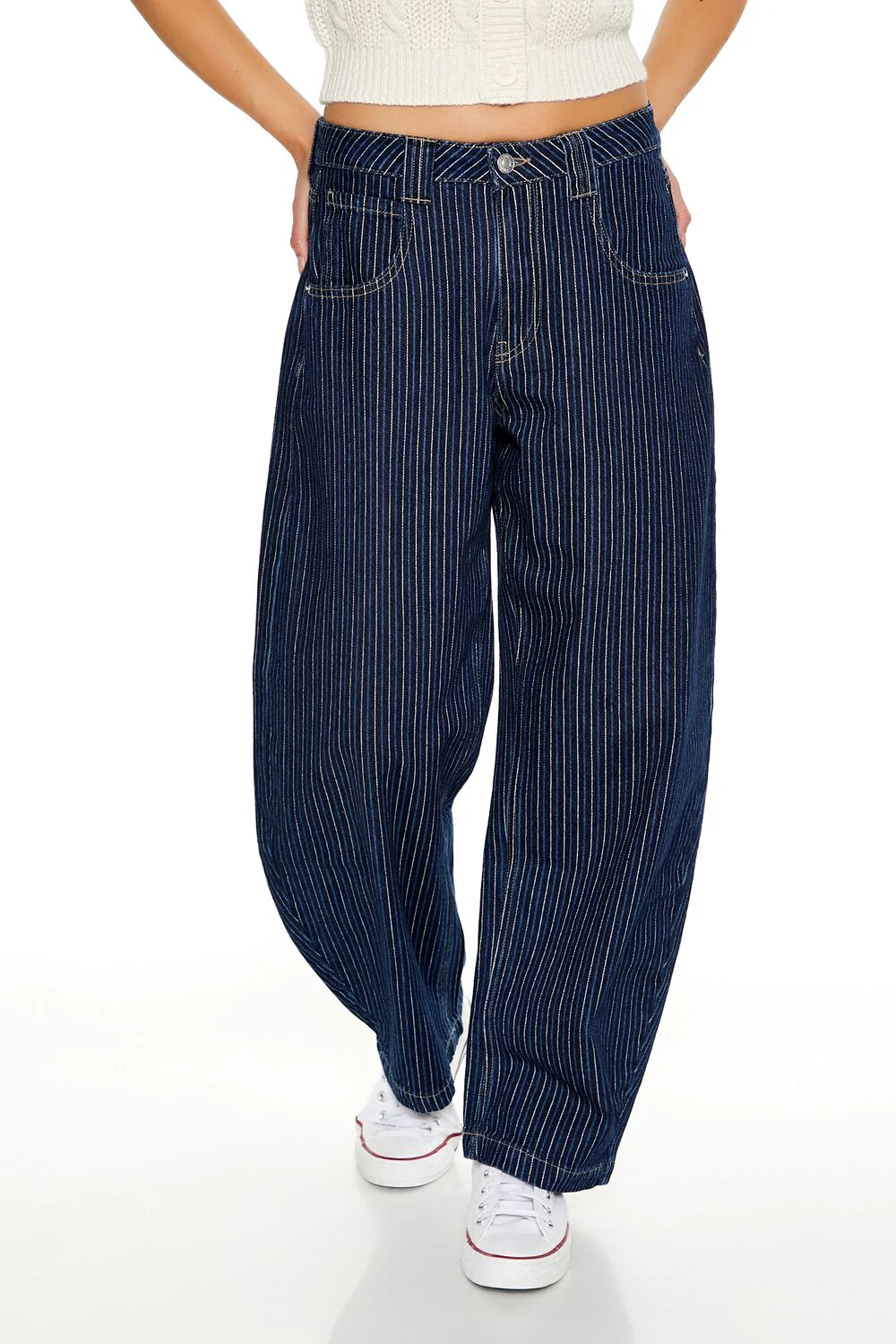 Pinstriped Mid-Rise Barrel Jeans - Image 2