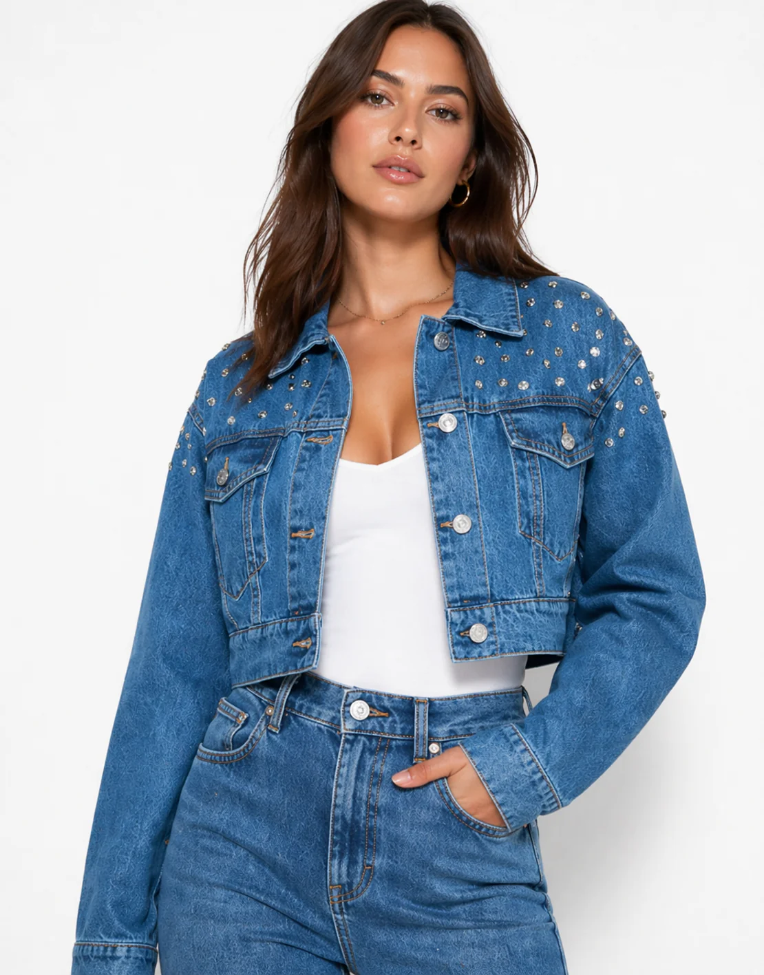 Cropped Rhinestone Denim Jacket - Image 3