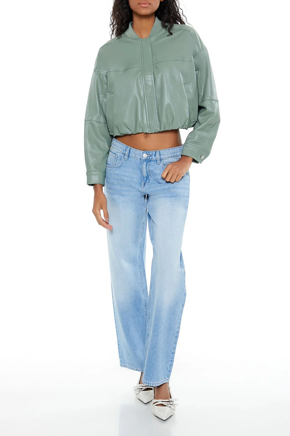 Faux Leather Cropped Bomber Jacker - Image 12