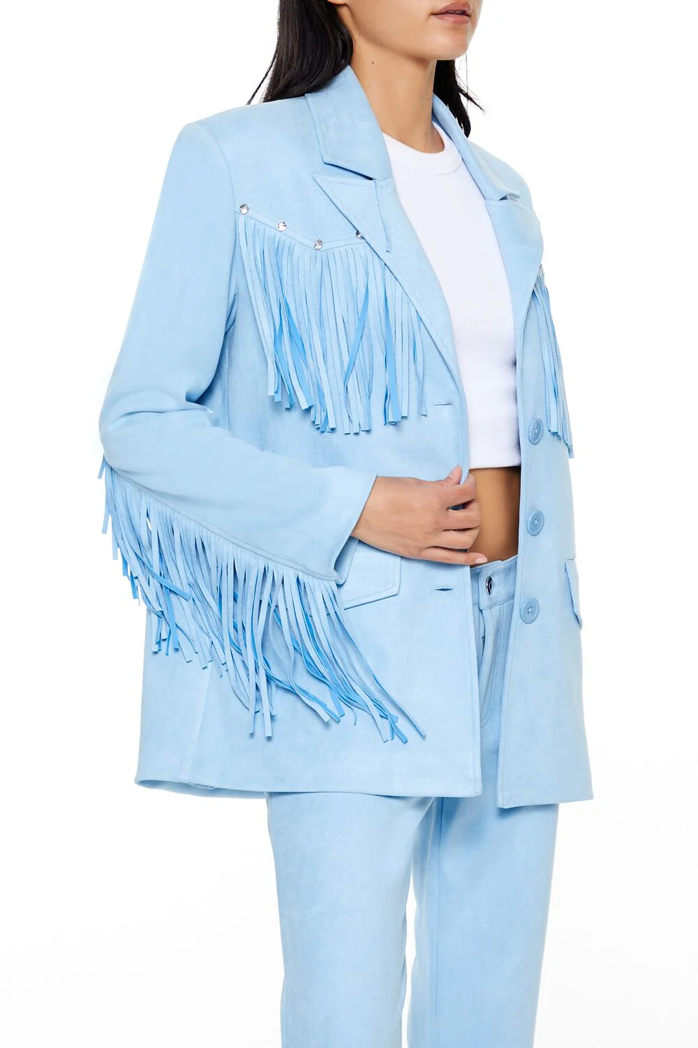 Rhinestone Fringe Faux Suede Blazer - Image 9