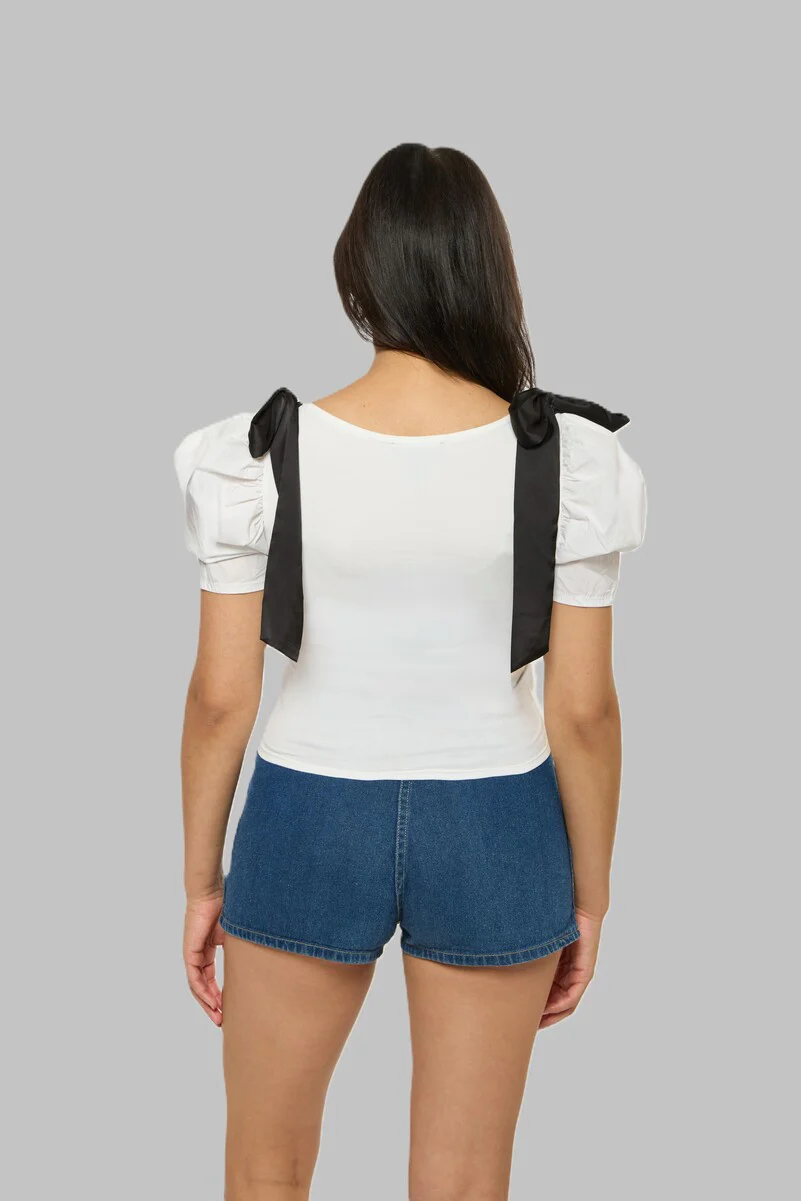 Puff-Sleeve Satin Bow Top - Image 2