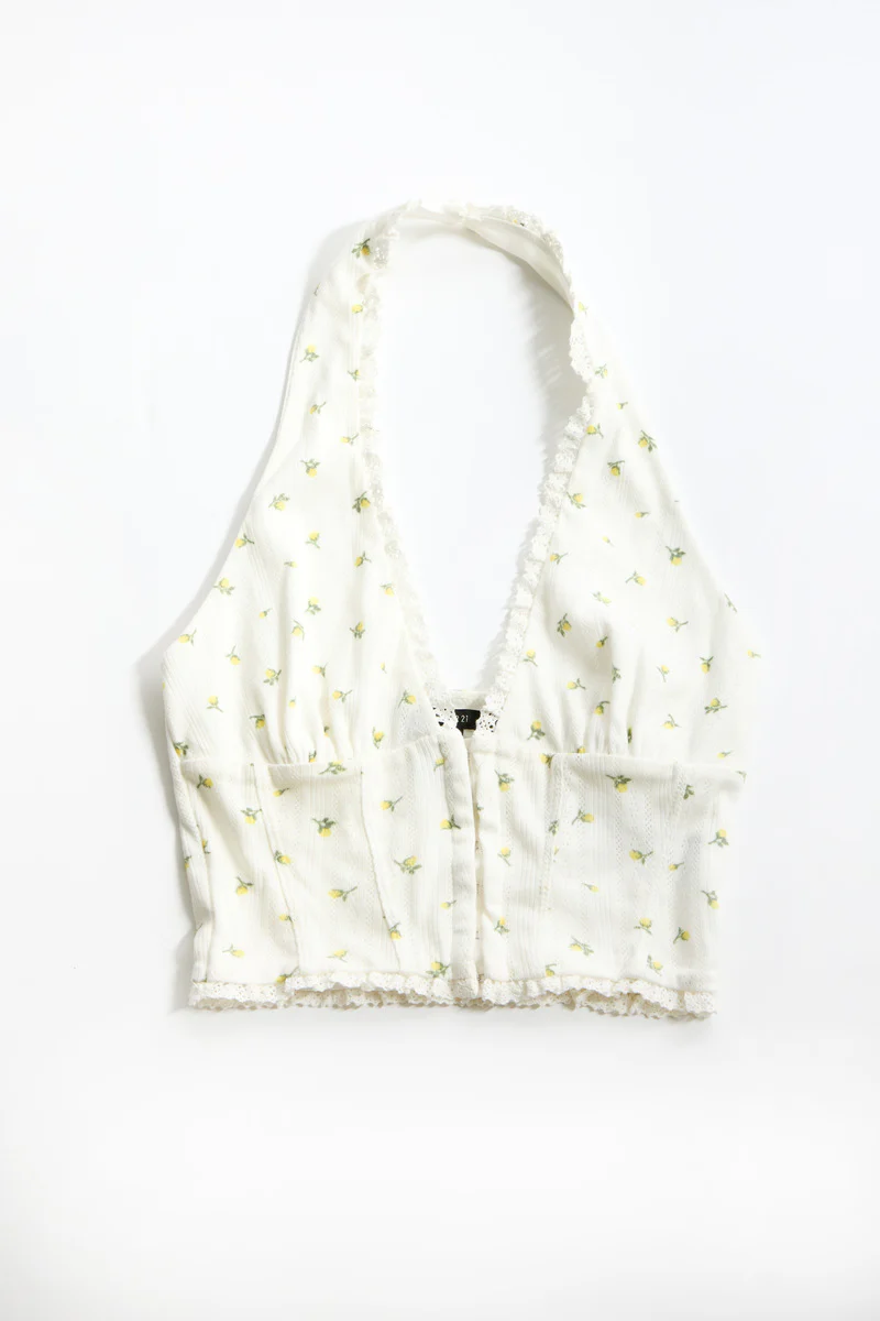 Floral Lace-Trim Halter Crop Top - Image 2