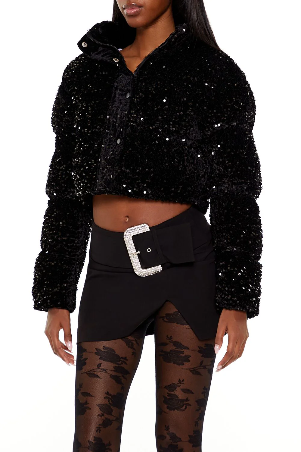 Sequin Faux Fur Puffer Jacket - Image 4