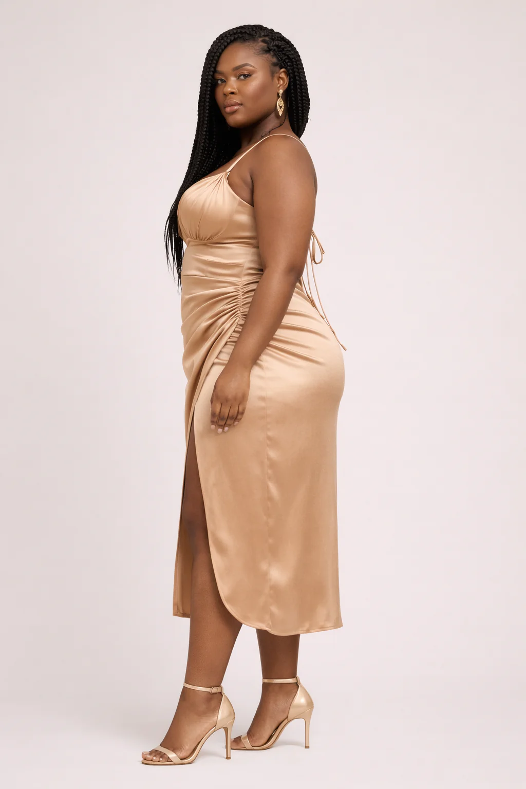 PLUS SIZE RUCHED SATIN MIDI DRESS WITH HIGH SLIT - Image 2
