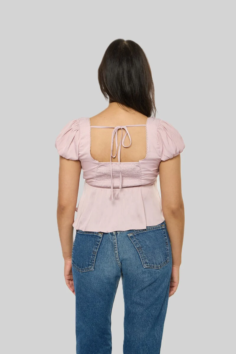 Satin Puff-Sleeve Peplum Crop Top - Image 3