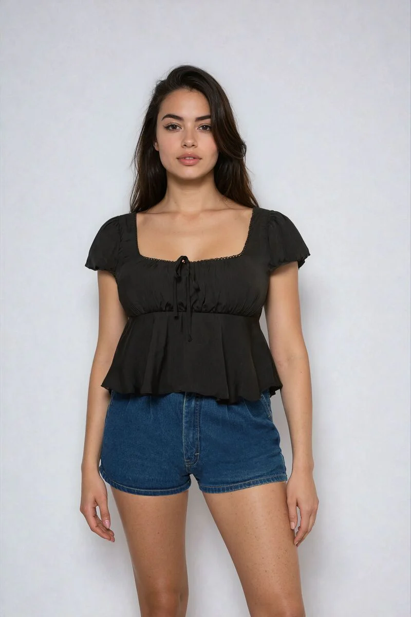 Satin Puff-Sleeve Peplum Crop Top - Image 4