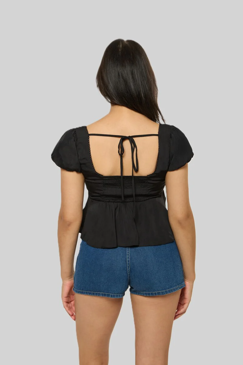 Satin Puff-Sleeve Peplum Crop Top - Image 6