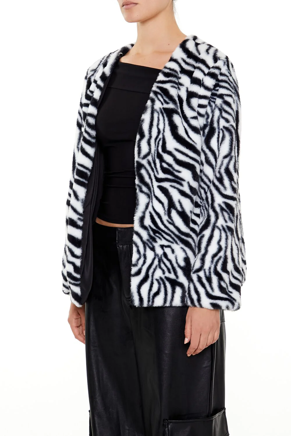 Zebra Print Faux Fur Coat - Image 4