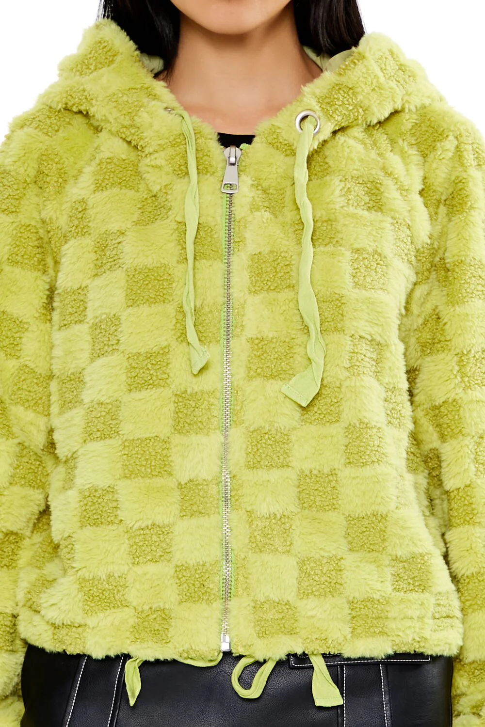 Checkered Faux Shearling Zip-Up Hoodie - Image 3