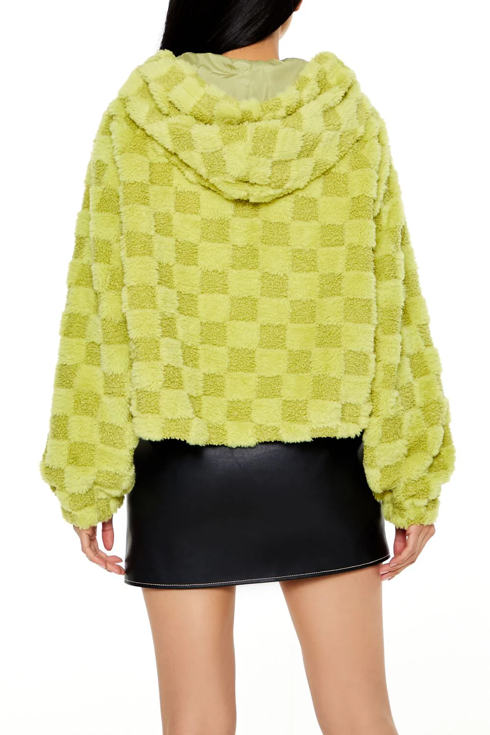 Checkered Faux Shearling Zip-Up Hoodie - Image 5