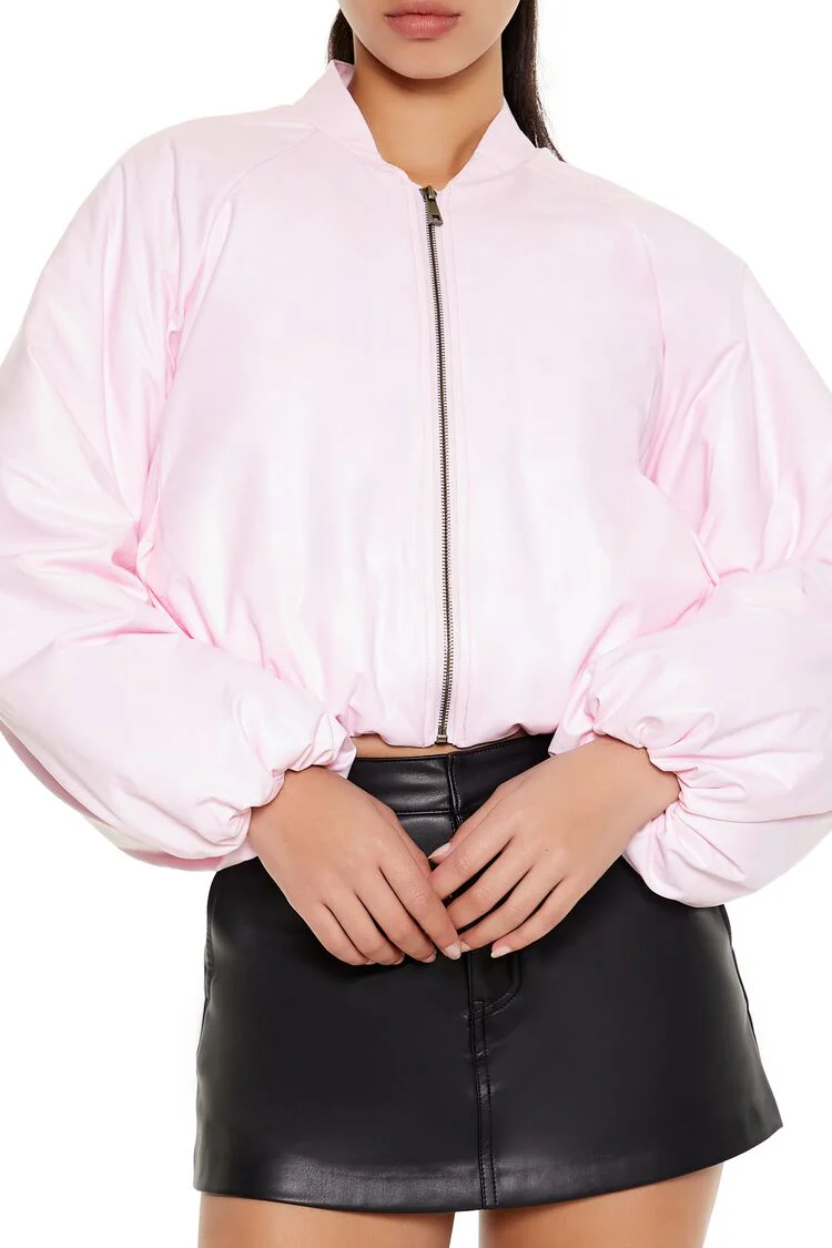 Faux Leather Balloon-Sleeve Jacket - Image 3