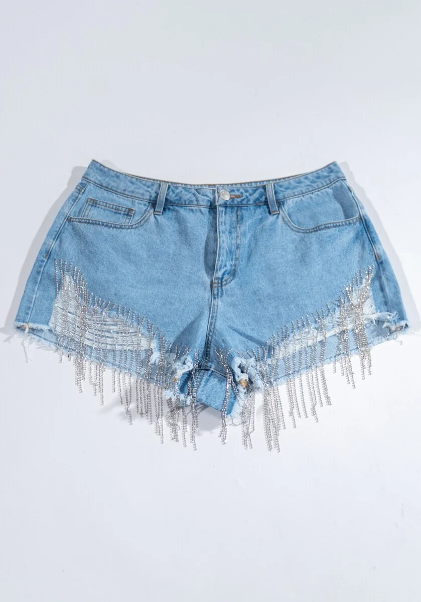 Plus Size Distressed Rhinestone-Fringe Denim Shorts - Image 3
