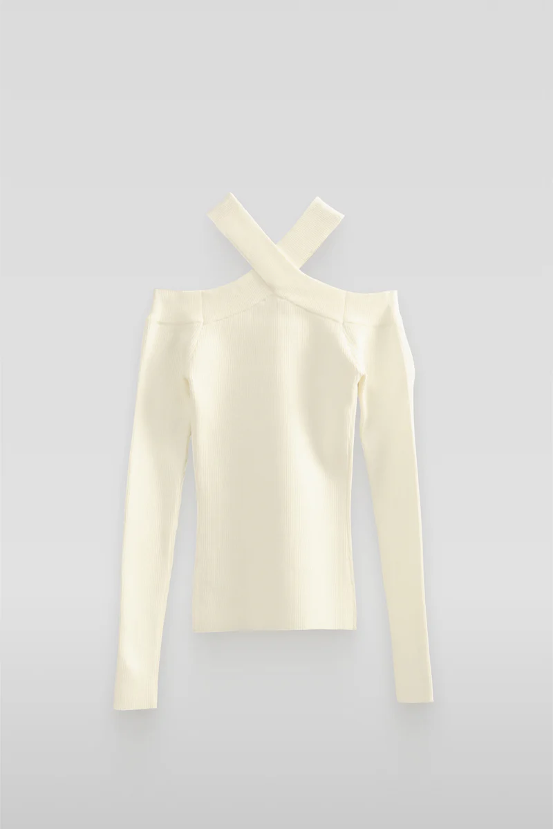 Ribbed Off-The-Shoulder Halter Sweater-Knit Top - Image 12