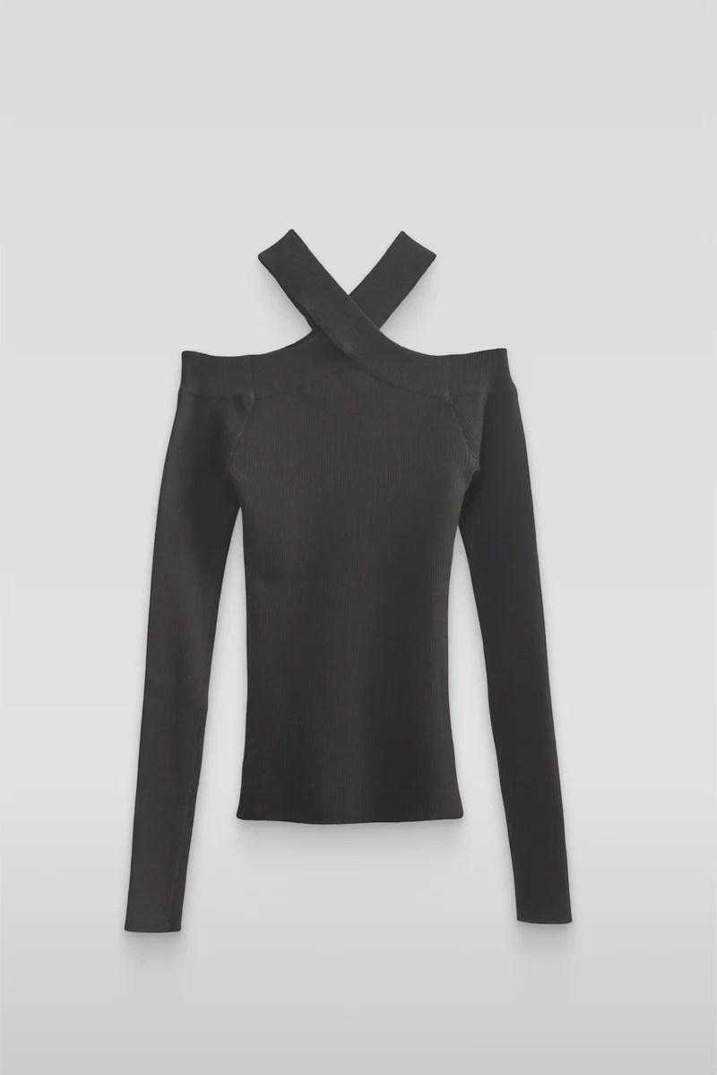 Ribbed Off-The-Shoulder Halter Sweater-Knit Top - Image 9