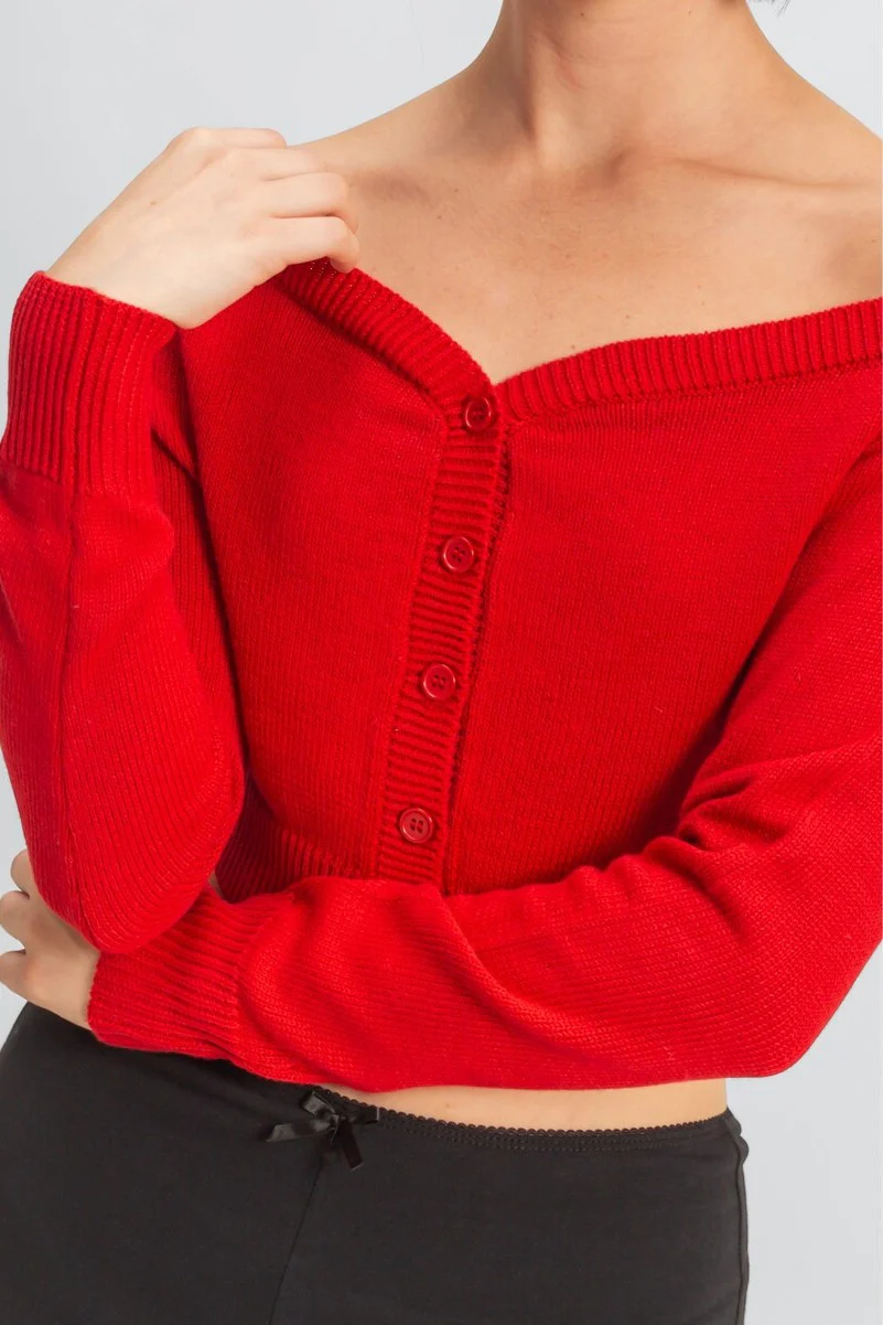 Off-The-Shoulder Cropped Button-Front Sweater - Image 3