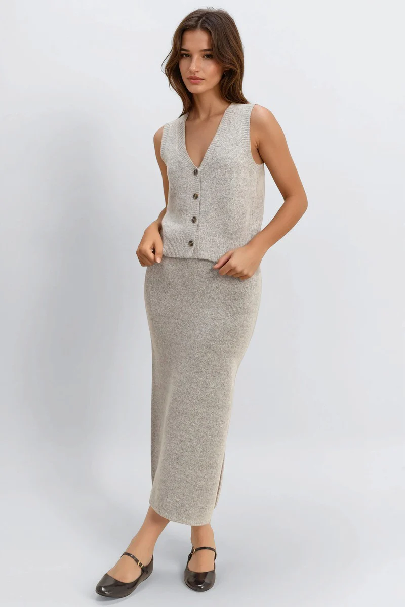 Button-Front Vest & Maxi Skirt Sweater Set - Image 8