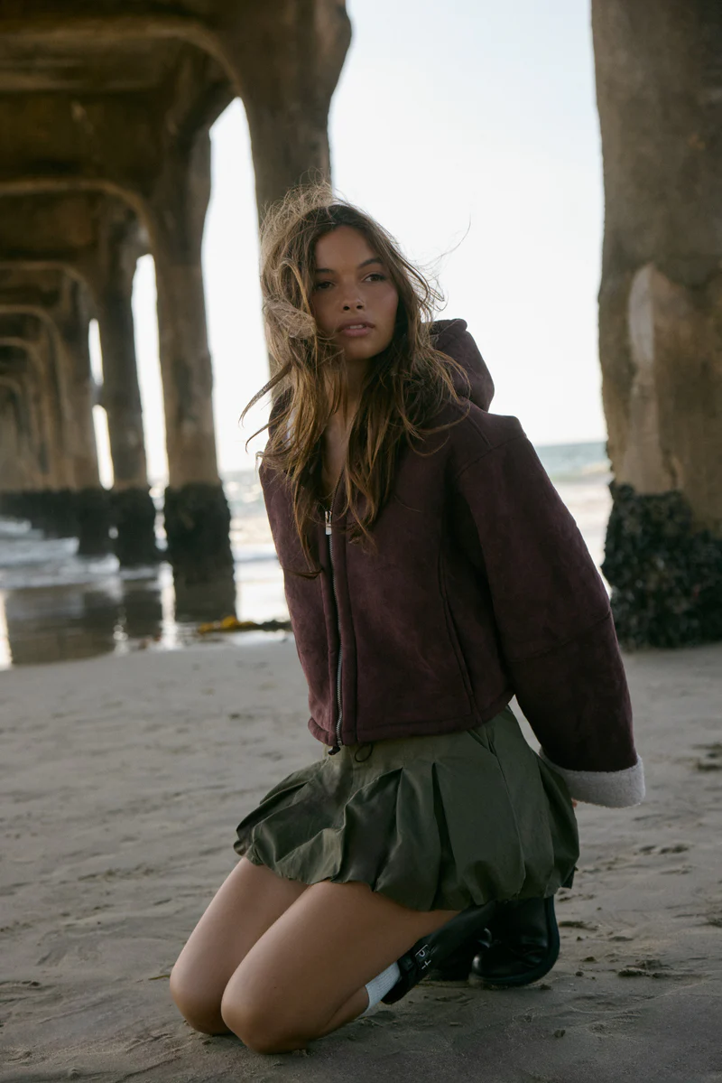 Faux Suede Cropped Hooded Jacket - Image 2