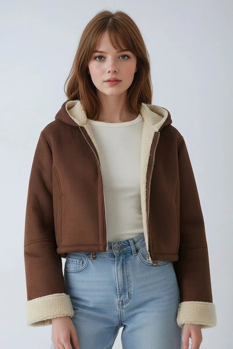 Faux Suede Cropped Hooded Jacket - Image 4