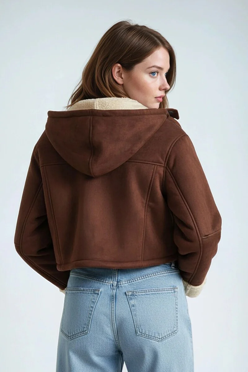Faux Suede Cropped Hooded Jacket - Image 5