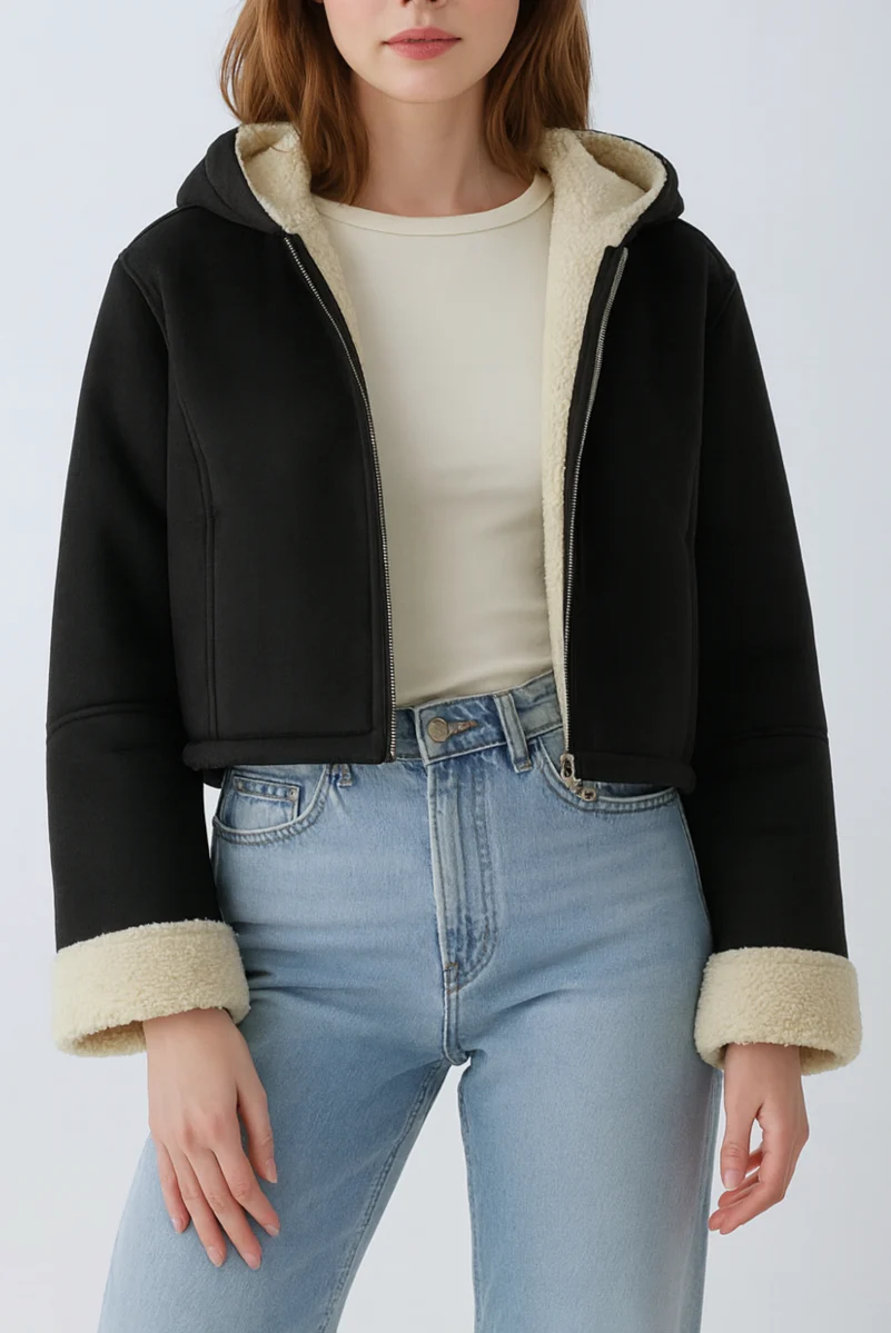 Faux Suede Cropped Hooded Jacket - Image 9