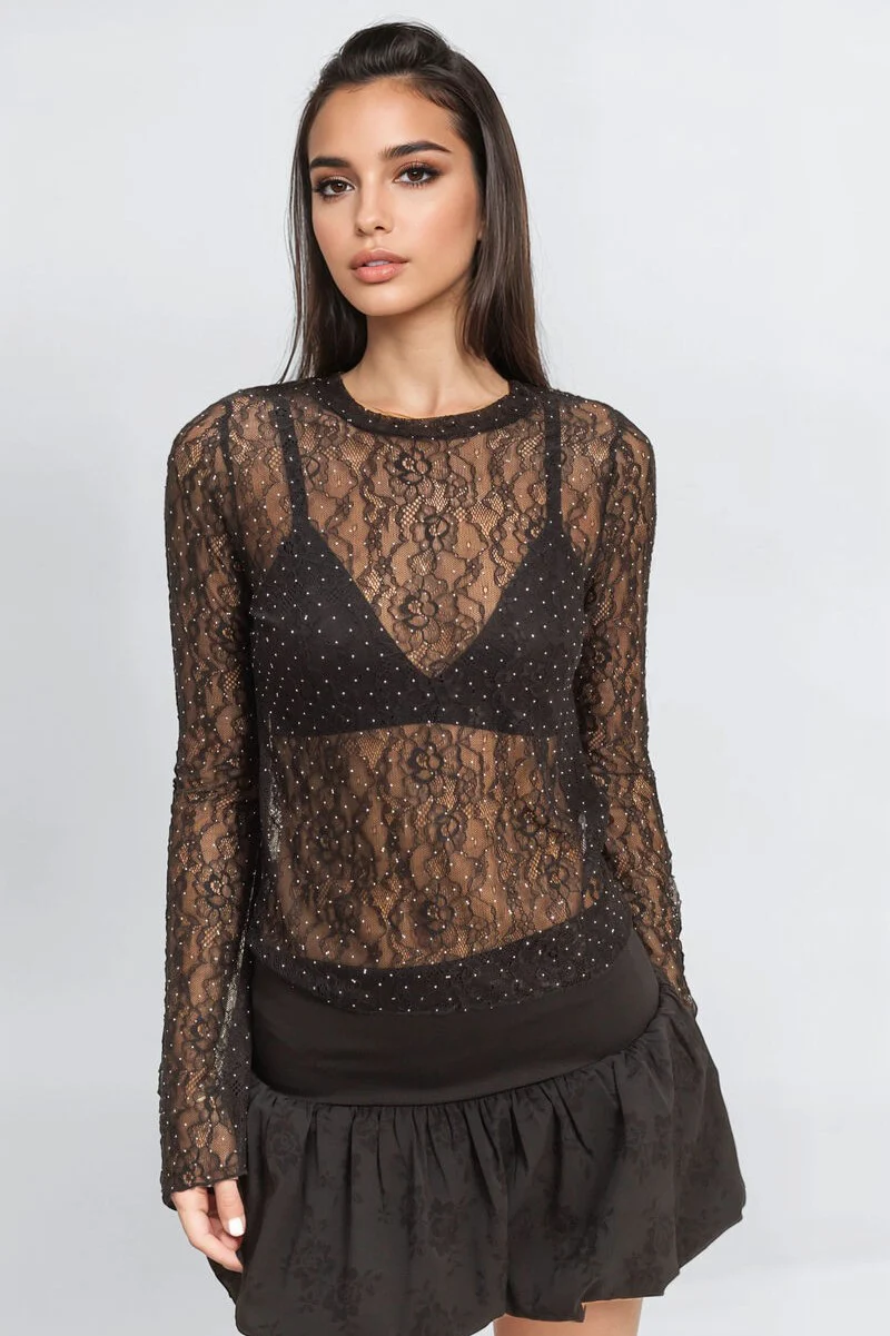 Studded Sheer Lace Long-Sleeve Top - Image 2