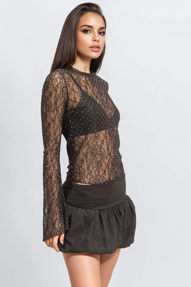 Studded Sheer Lace Long-Sleeve Top - Image 3