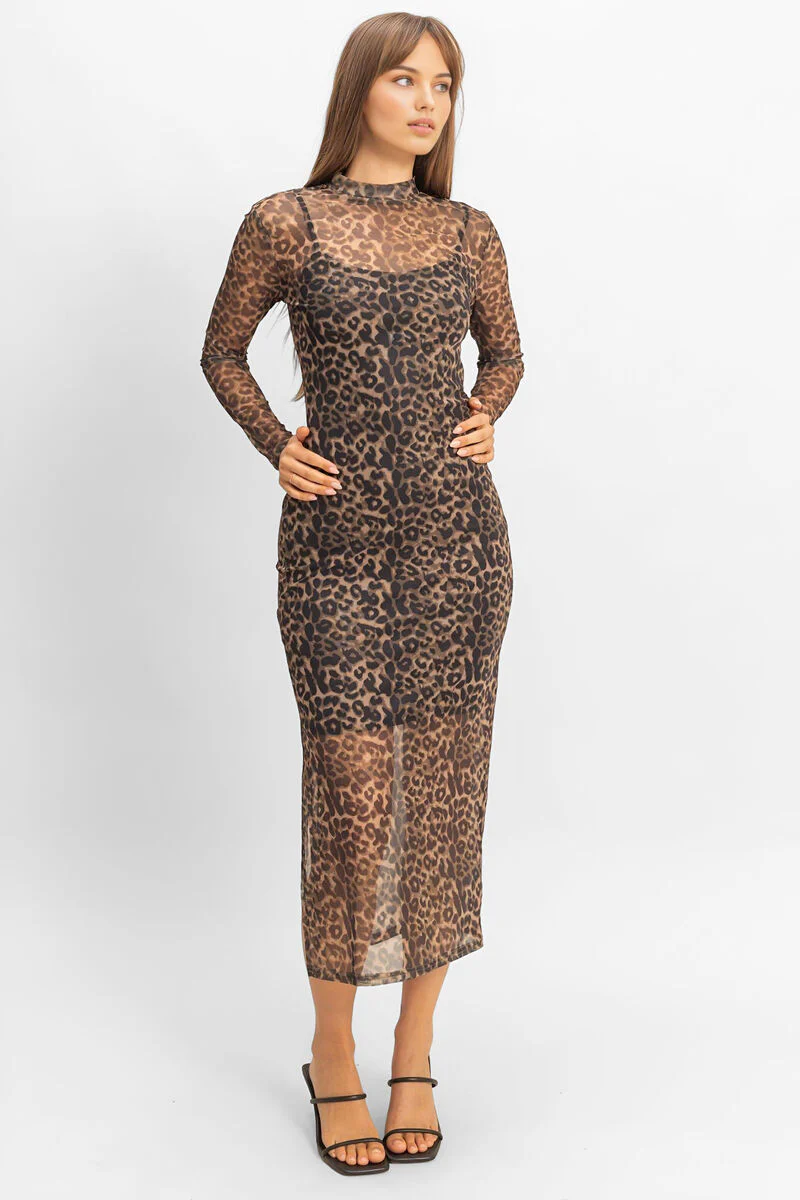Mesh Leopard Print Midi Dress - Image 4