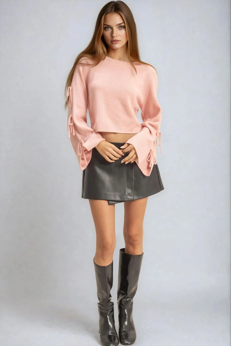 Tie-Sleeve Cropped Sweater Top - Image 2