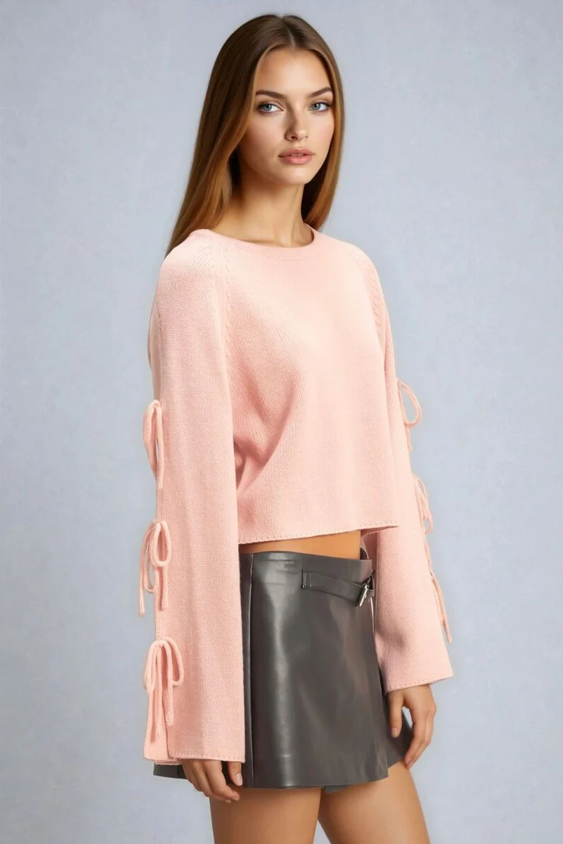 Tie-Sleeve Cropped Sweater Top - Image 4