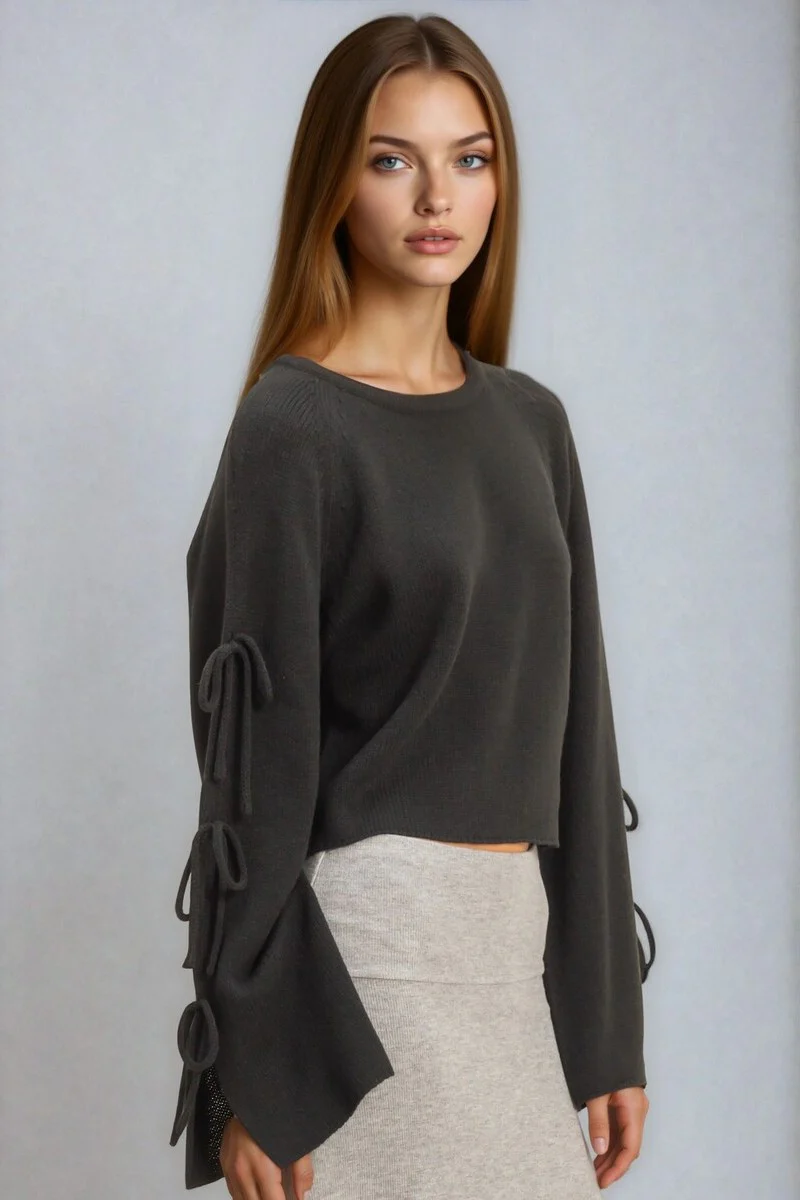 Tie-Sleeve Cropped Sweater Top - Image 6