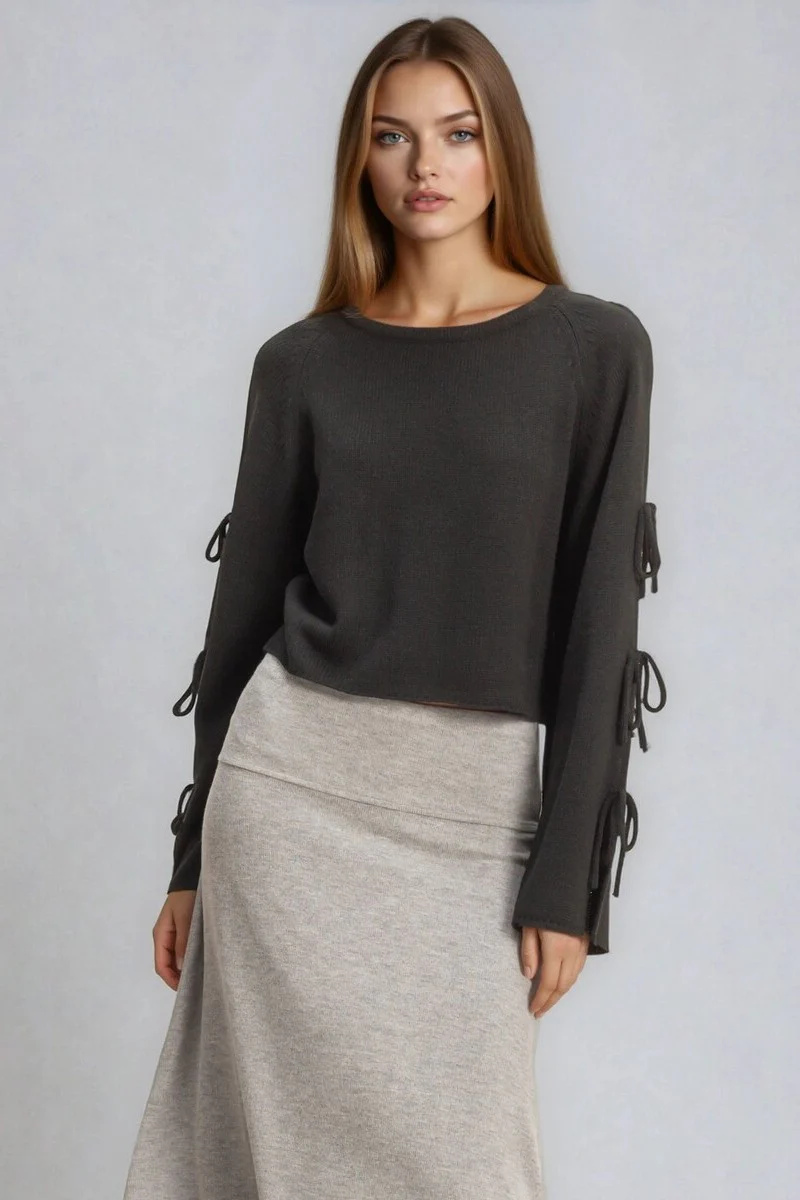 Tie-Sleeve Cropped Sweater Top - Image 7