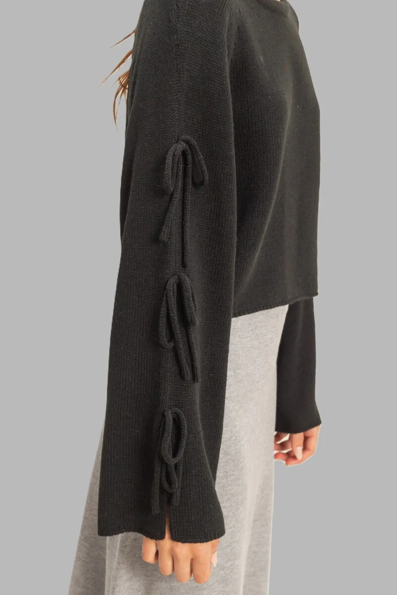 Tie-Sleeve Cropped Sweater Top - Image 8