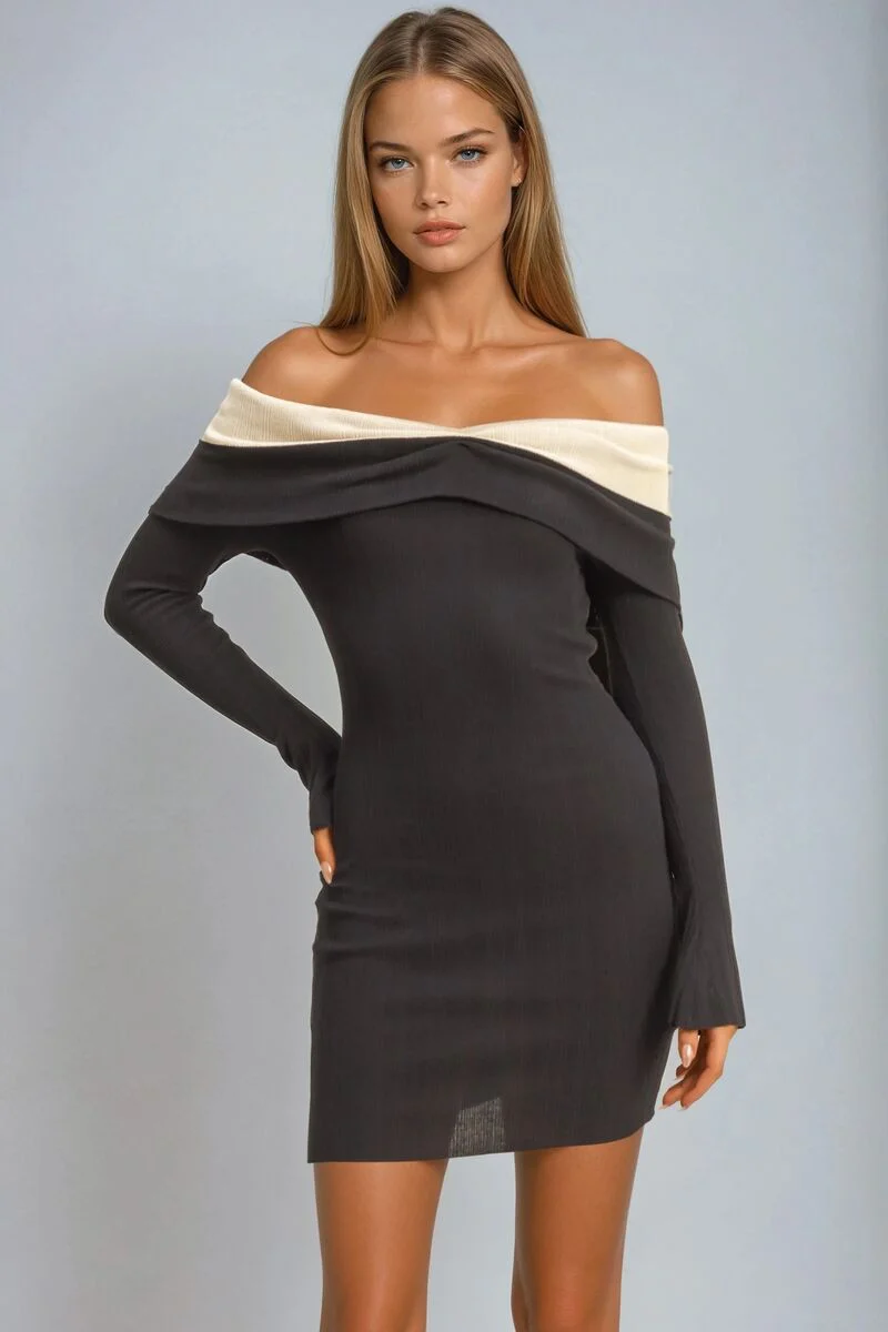 Off-The-Shoulder Contrast-Trim Mini Dress - Image 2