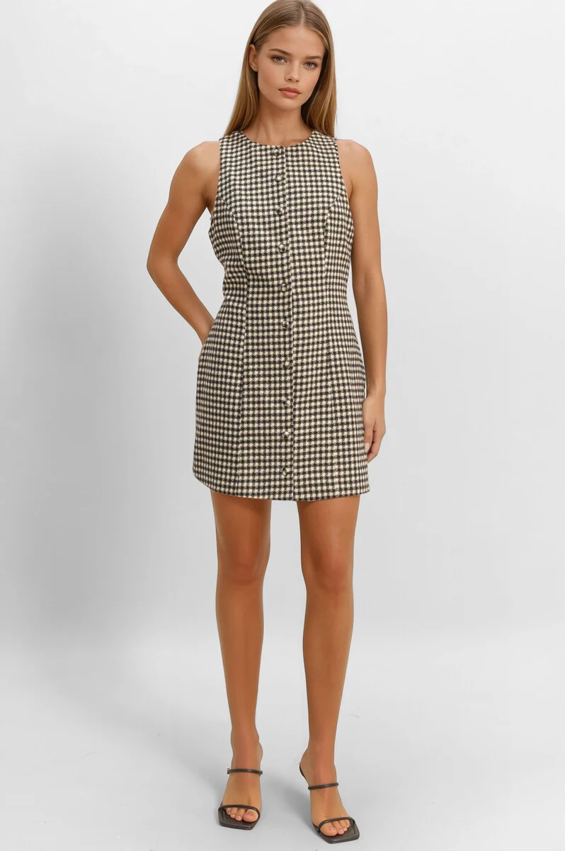 Sleeveless Houndstooth Button-Front Mini Dress - Image 2