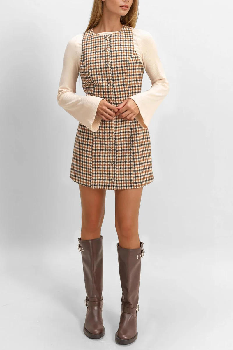 Sleeveless Houndstooth Button-Front Mini Dress - Image 7