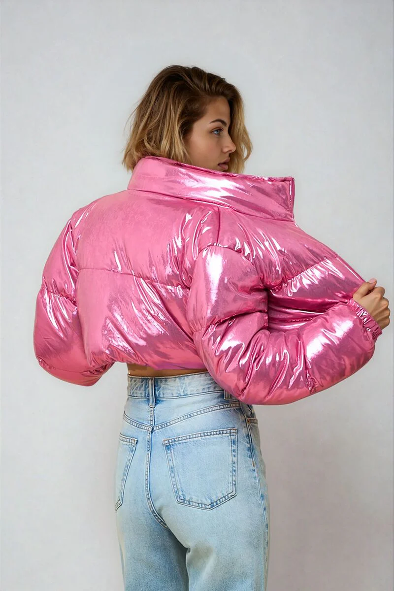 Cropped Metallic Puffer Jacket - Image 2