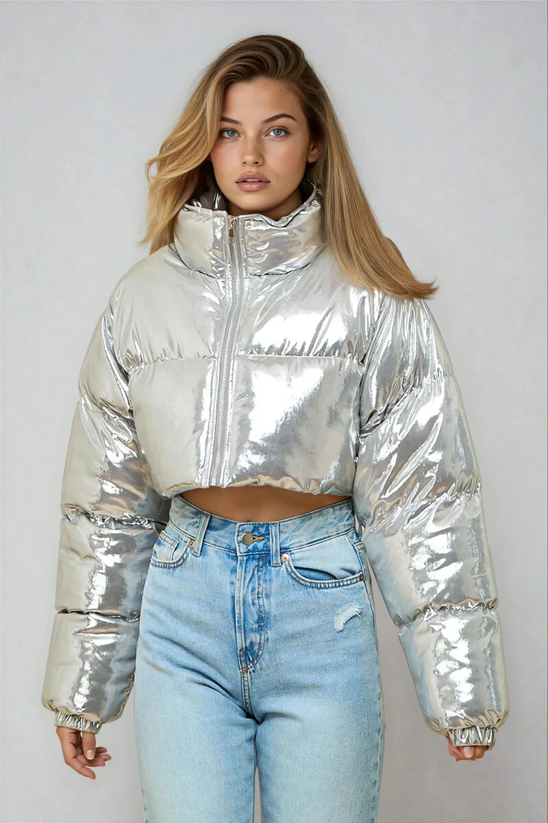 Cropped Metallic Puffer Jacket - Image 3