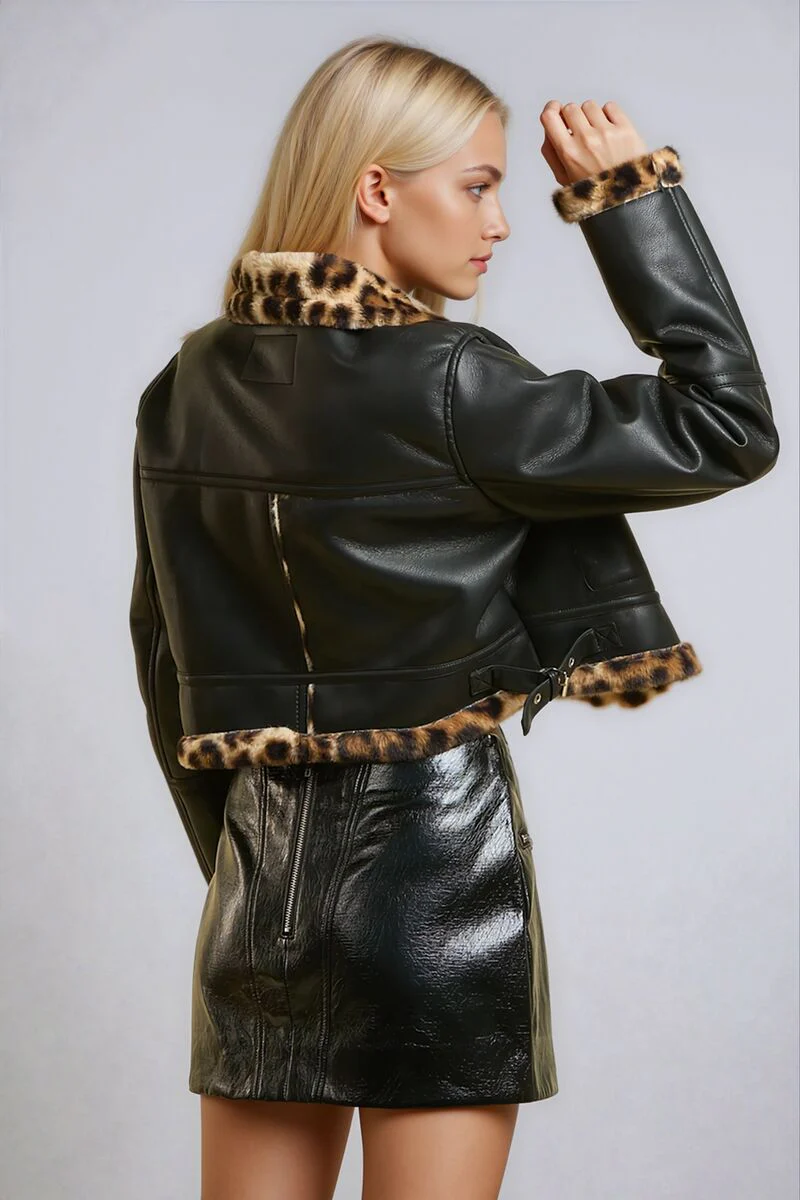 Faux Leather Leopard-Trim Jacket - Image 3