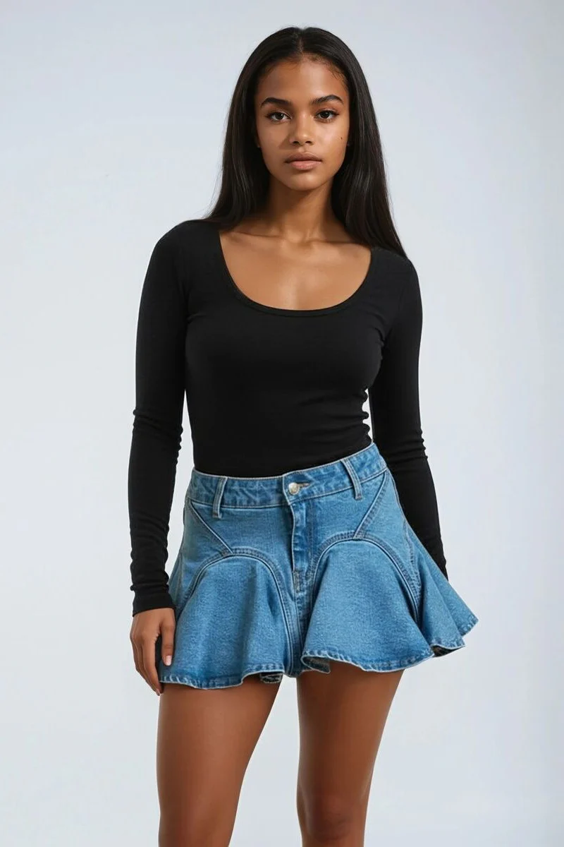 Denim Flounce Mini Skirt - Image 4