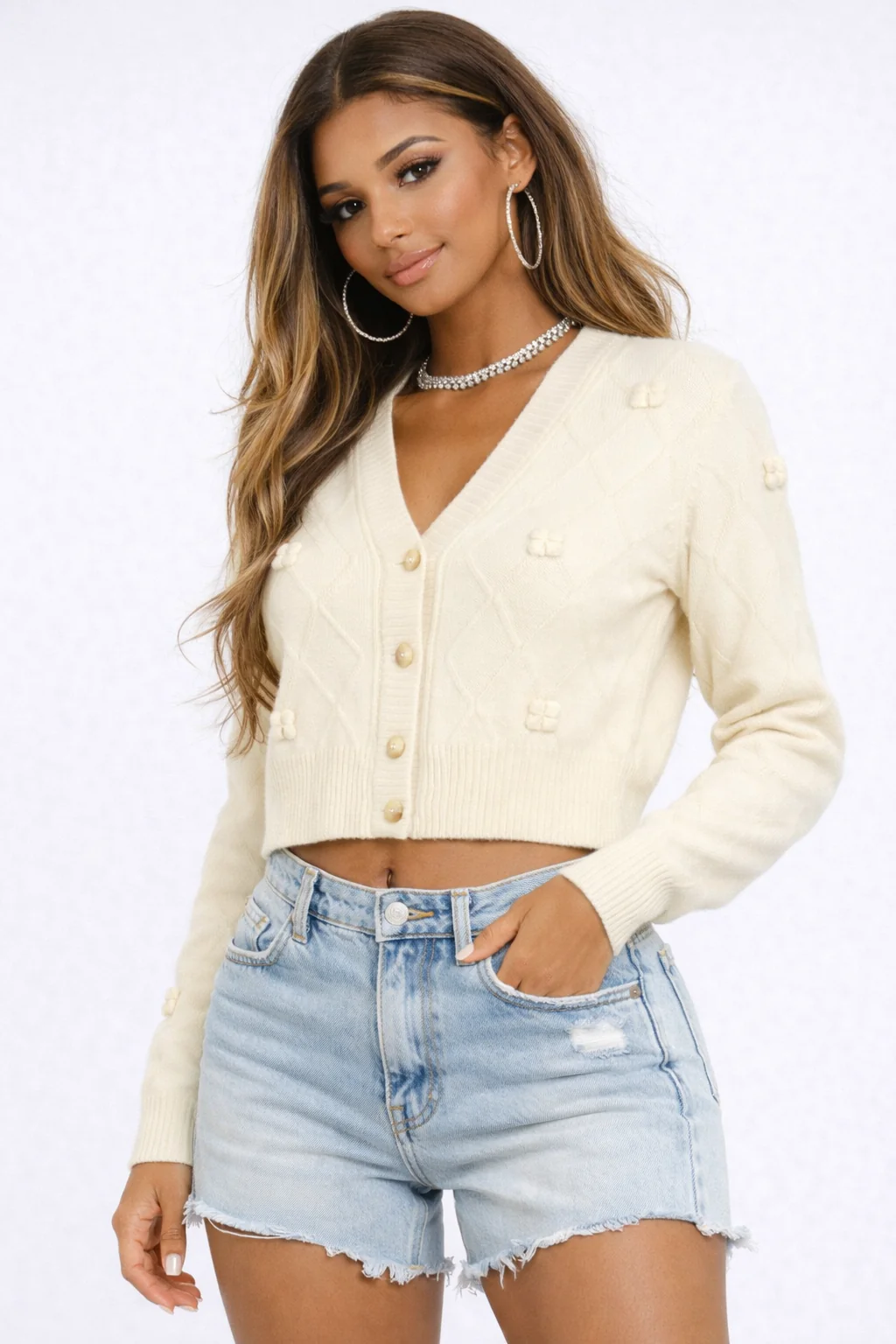 Bow Applique Cropped Cardigan Sweater - Image 4