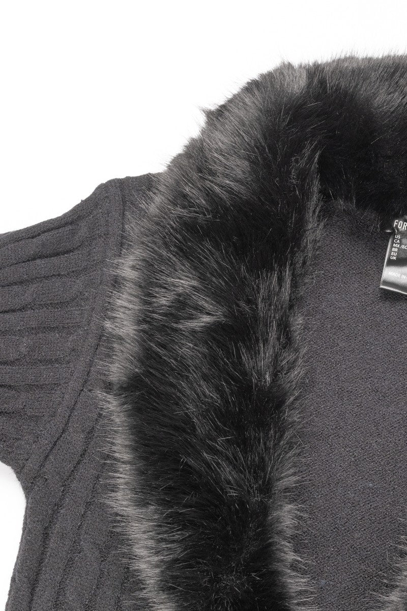 Faux Fur-Collar Cable Knit Longline Cardigan - Image 11