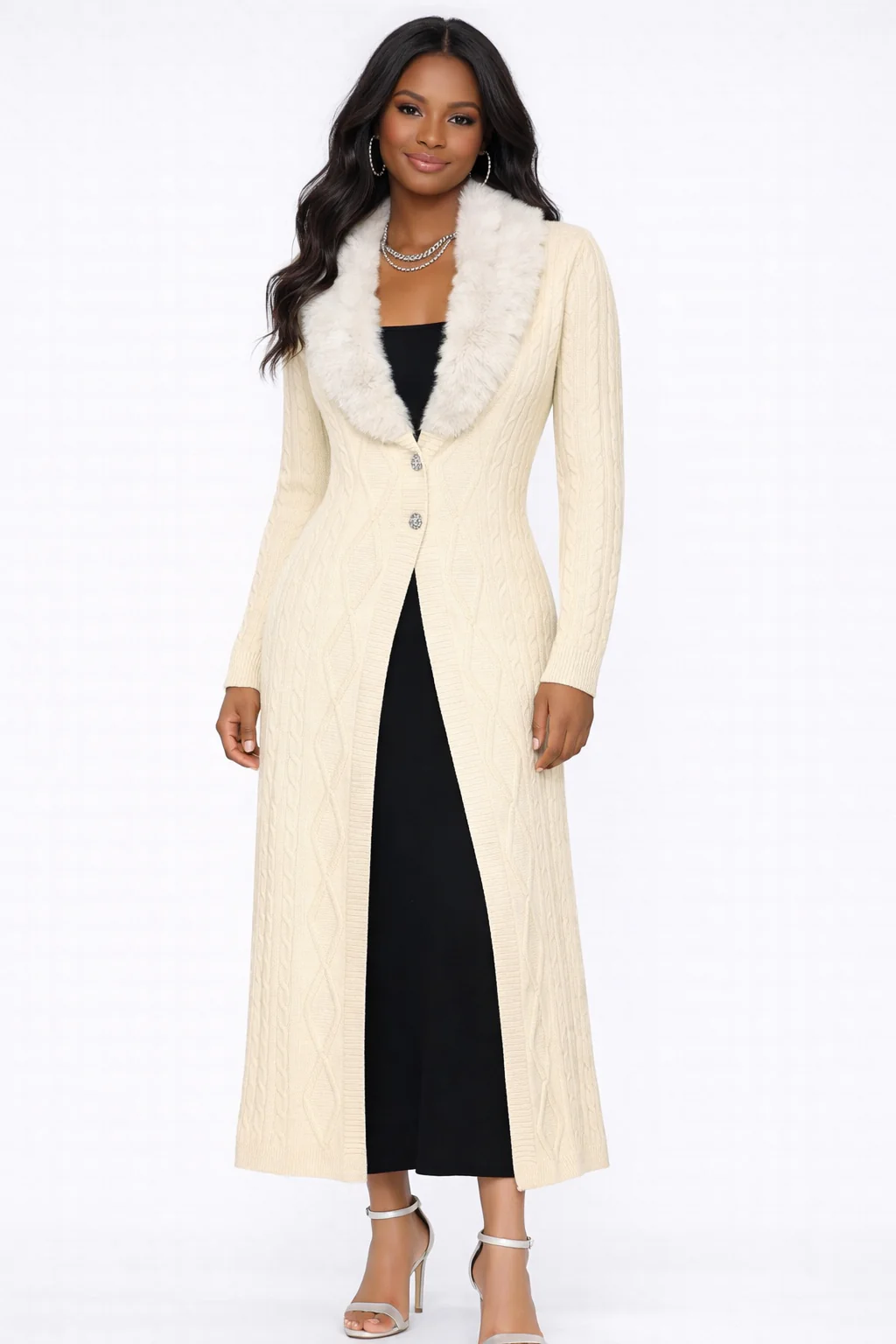 Faux Fur-Collar Cable Knit Longline Cardigan - Image 12