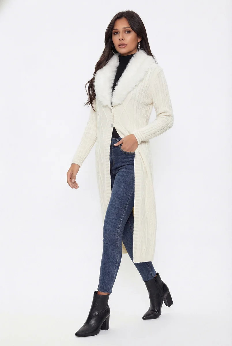 Faux Fur-Collar Cable Knit Longline Cardigan - Image 13