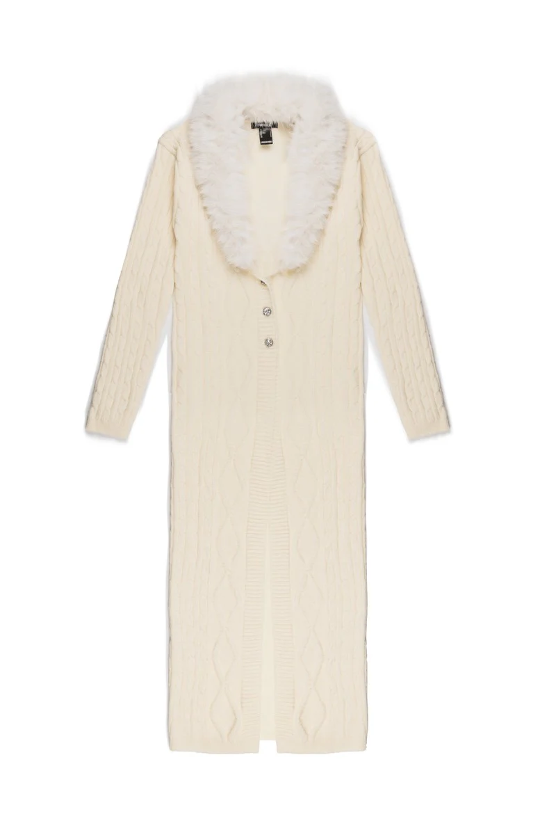 Faux Fur-Collar Cable Knit Longline Cardigan - Image 14