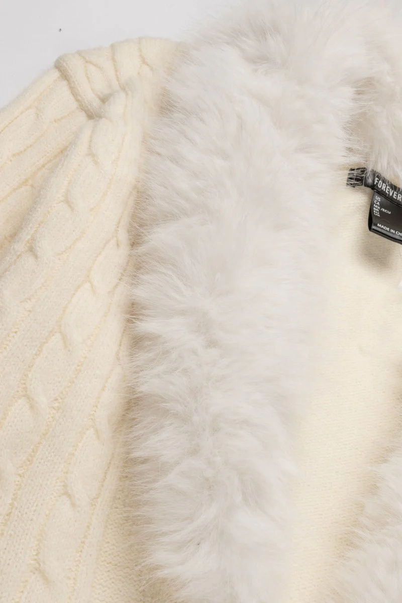 Faux Fur-Collar Cable Knit Longline Cardigan - Image 17