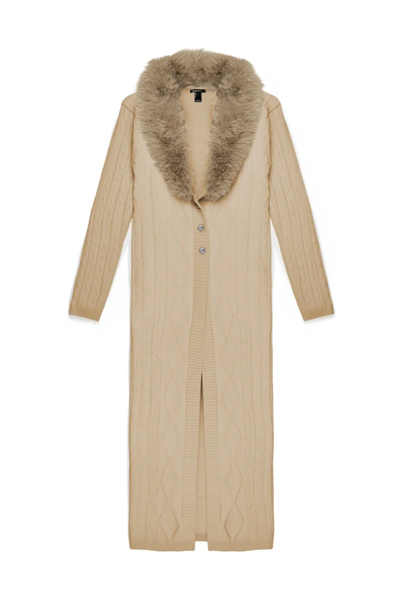 Faux Fur-Collar Cable Knit Longline Cardigan - Image 3