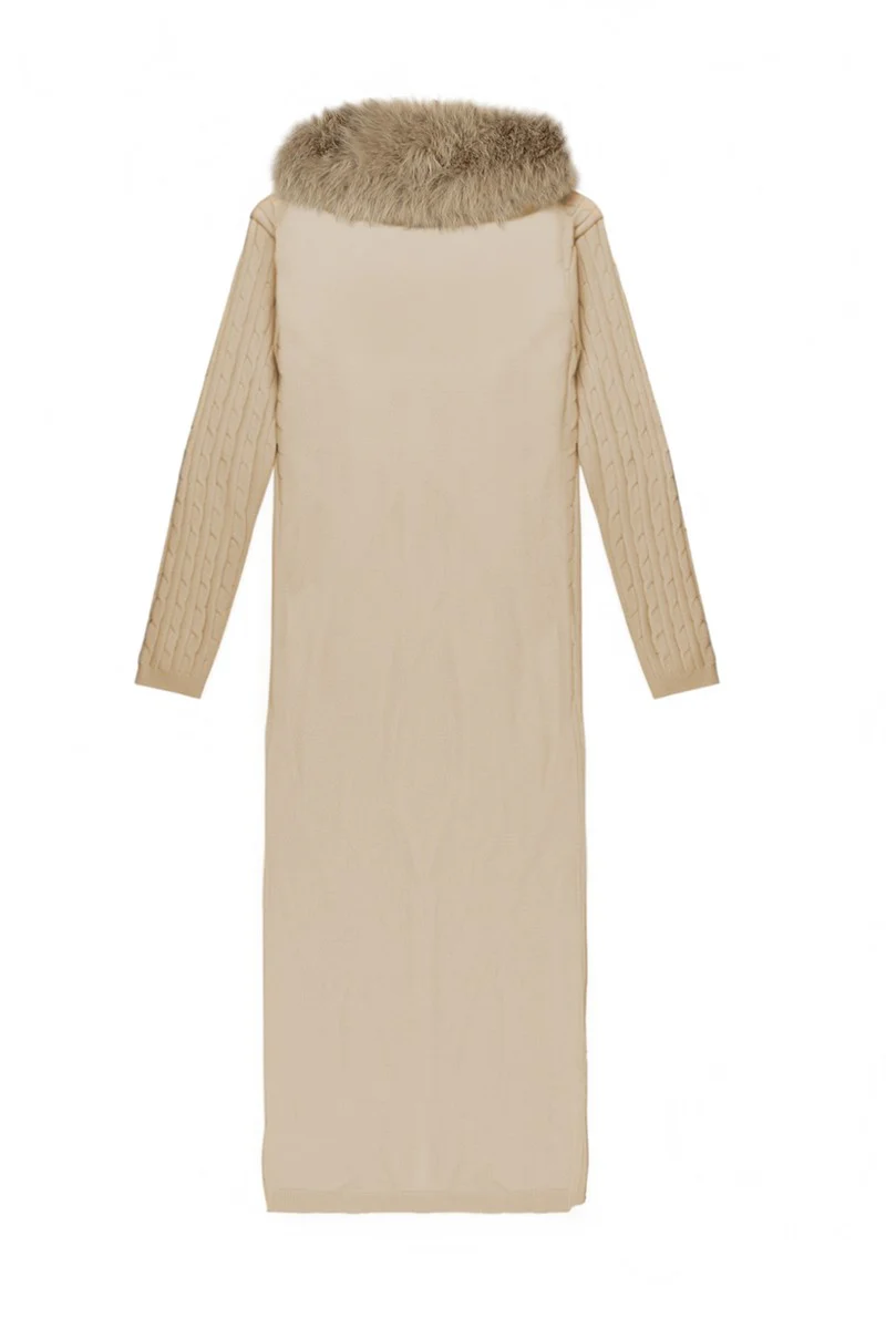 Faux Fur-Collar Cable Knit Longline Cardigan - Image 4