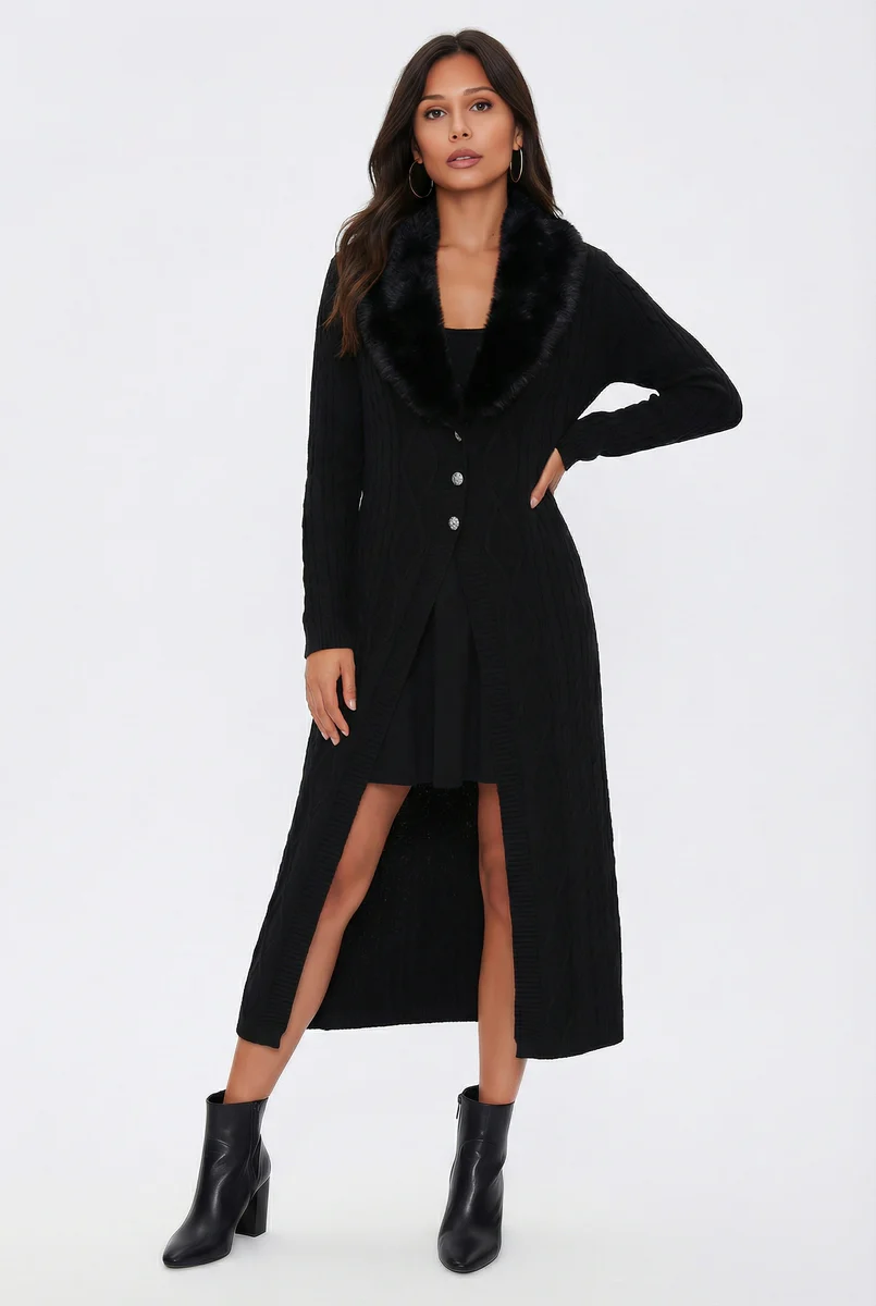Faux Fur-Collar Cable Knit Longline Cardigan - Image 7