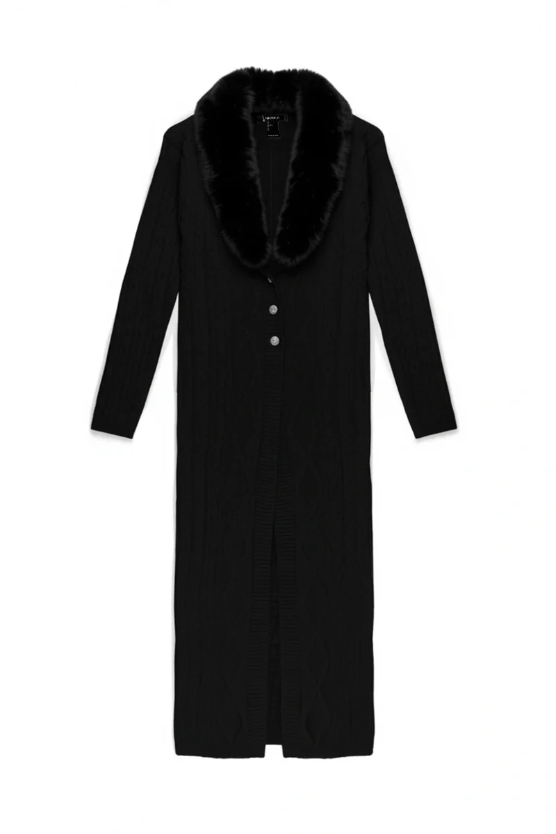 Faux Fur-Collar Cable Knit Longline Cardigan - Image 8
