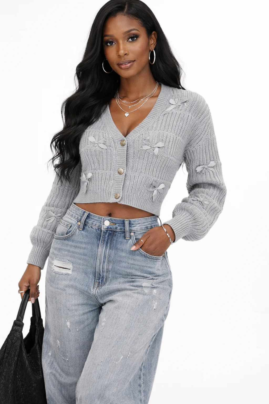 Ribbon Bow Cropped Cardigan Sweater - Image 8